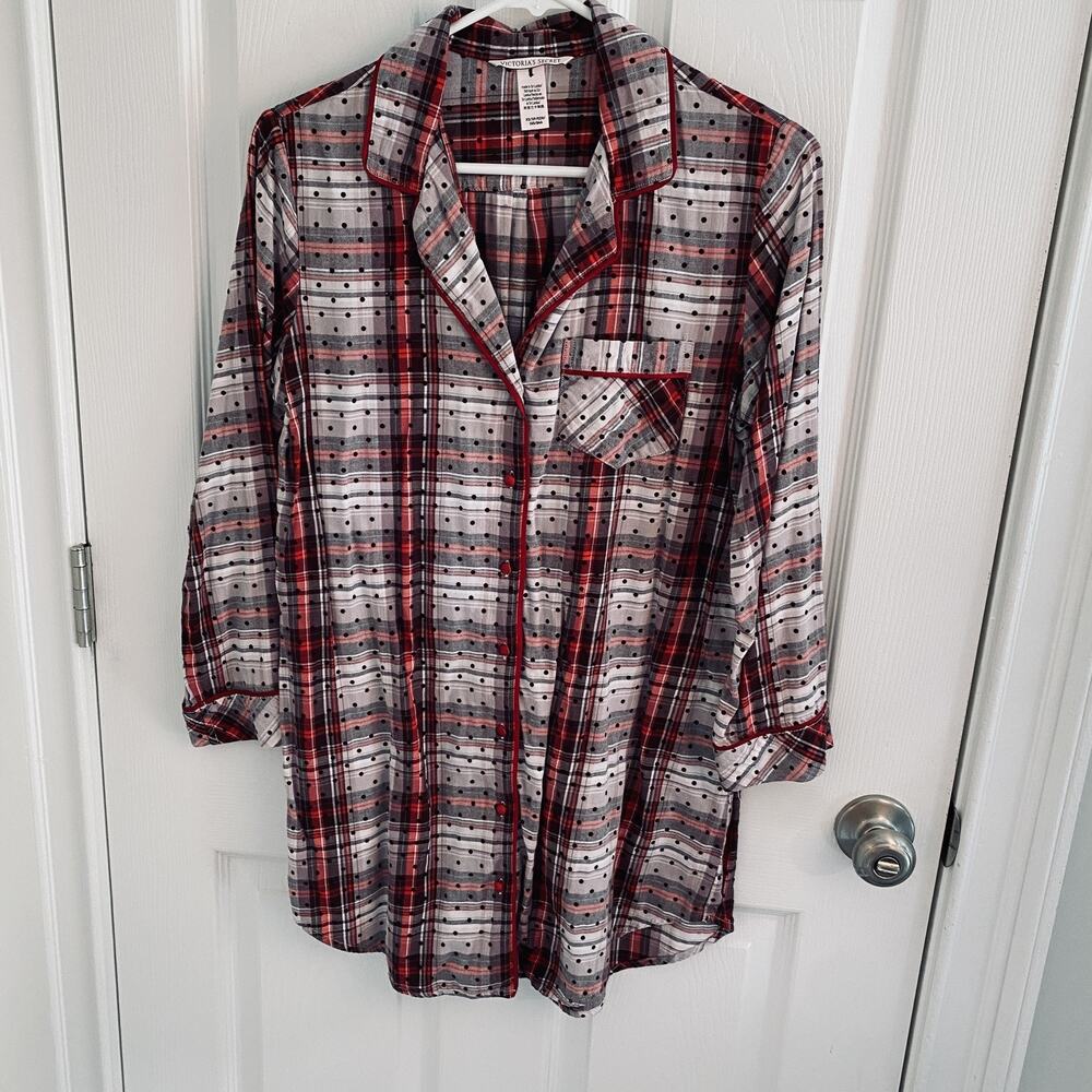 Victoria's Secret Sleep Shirt Womens XS Plaid Red Gray Black Button Up Polka Dot